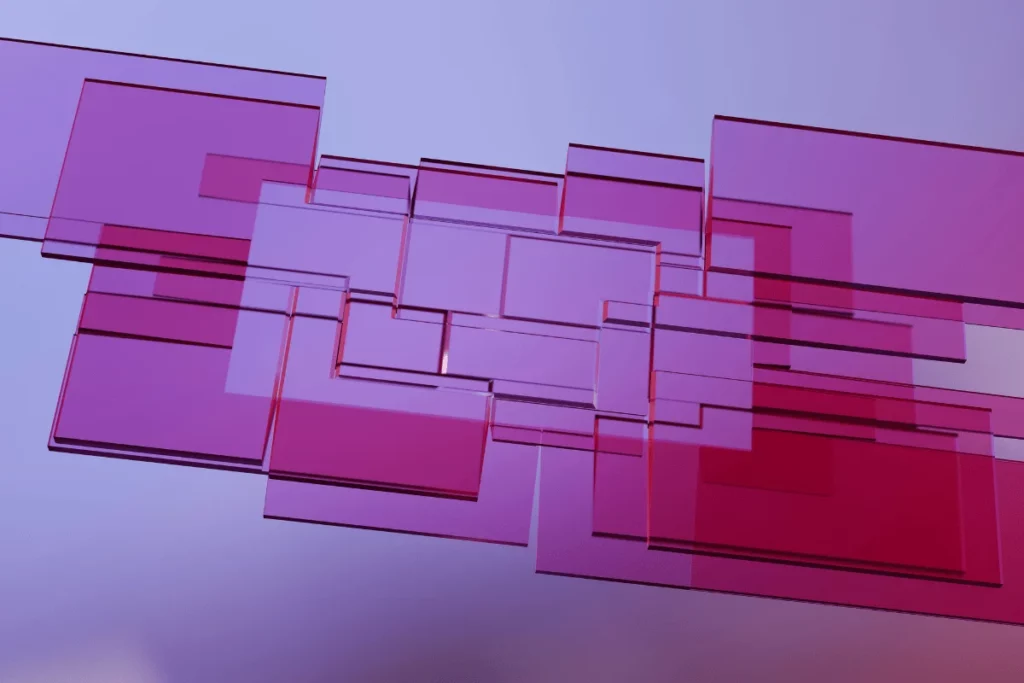 3D abstract design of layered pink glass panels.