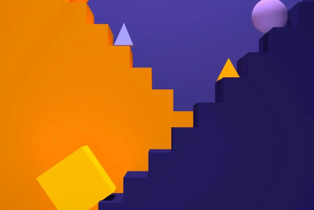 Geometric digital artwork featuring stairs, cube, cone, and sphere.